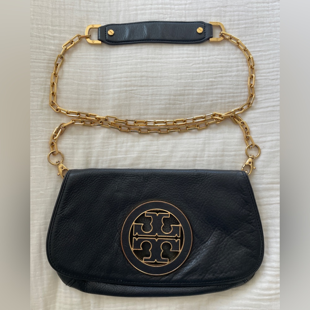 Tory Burch Black Leather Clutch with Gold Chain Strap